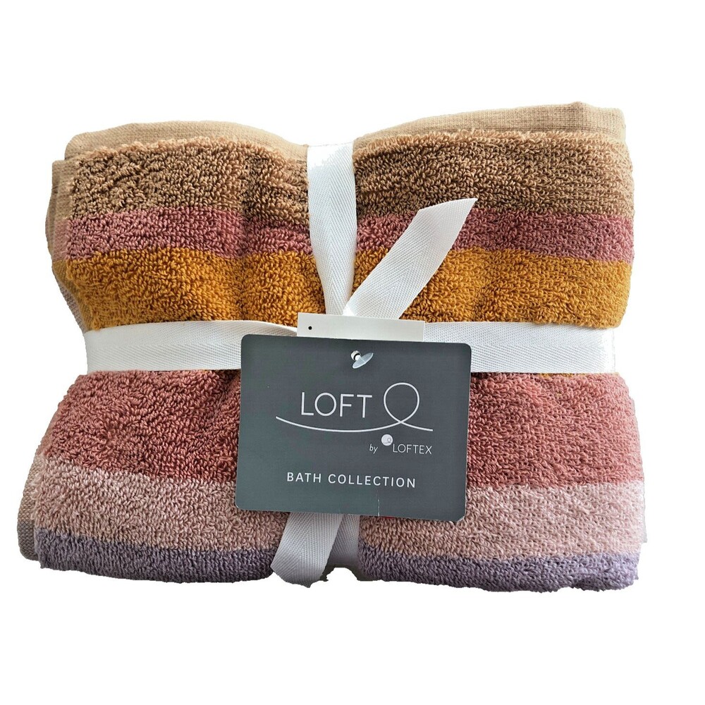 Loft by Loftex Hand Towels Orange Pink Beige Soft Striped 100% Cotton Set of 2